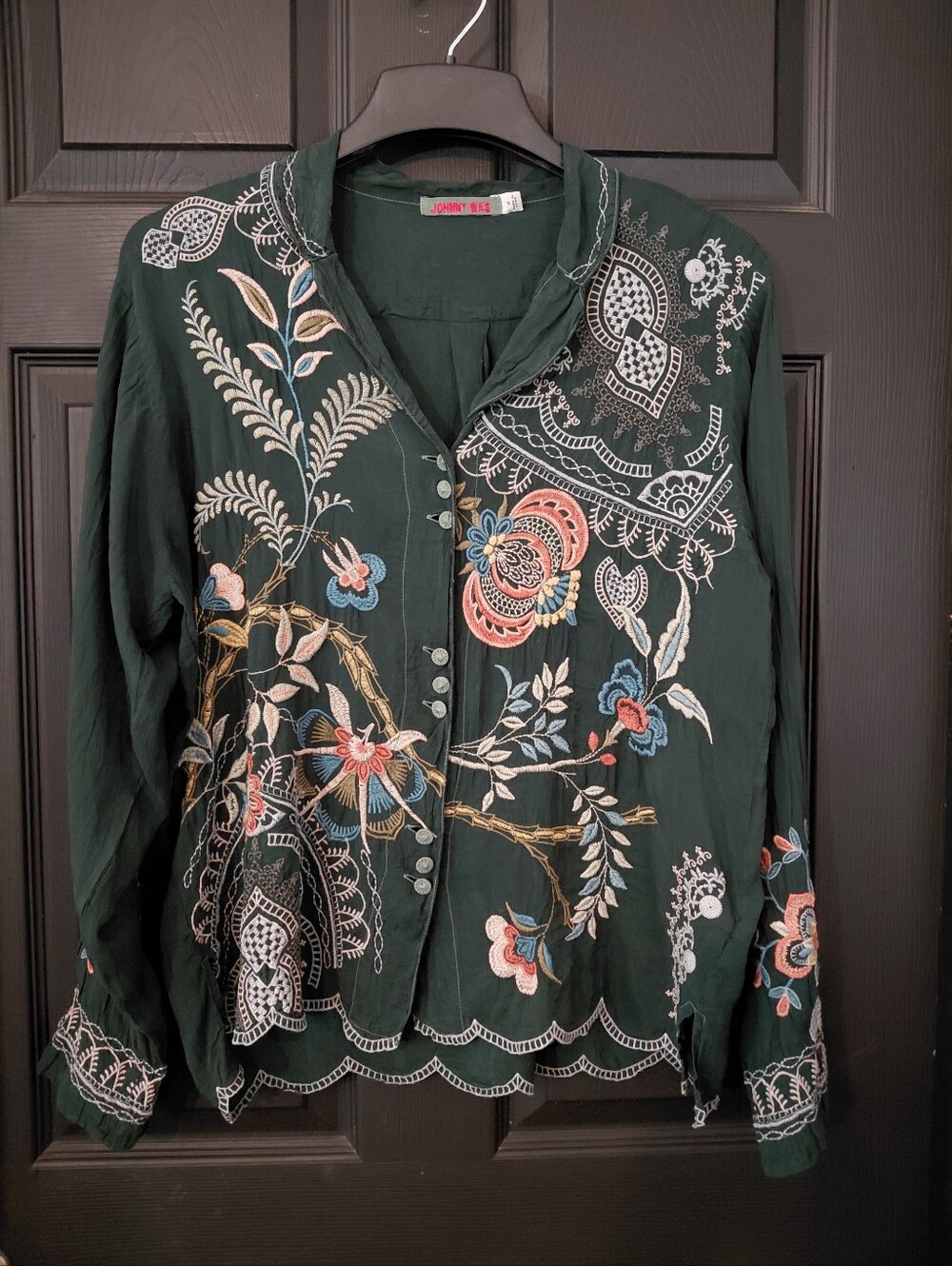 Johnny Was Sz. M 100% Cupra Green Embroidered Prue Blouse - Picture 2 of 15